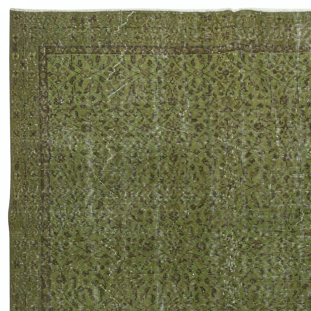 Modern Handmade Floral Patterned Turkish Wool Area Rug in Green Color