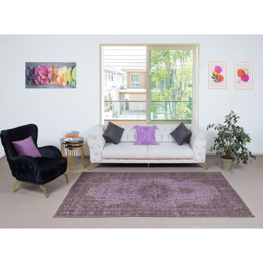 Hand-Made Purple Floor Rug from Turkey, Redyed Bohem Carpet for Living Room