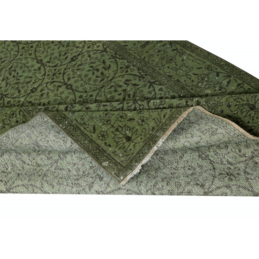 Contemporary Handmade Floral Patterned Low Pile Turkish Wool Area Rug in Green Color