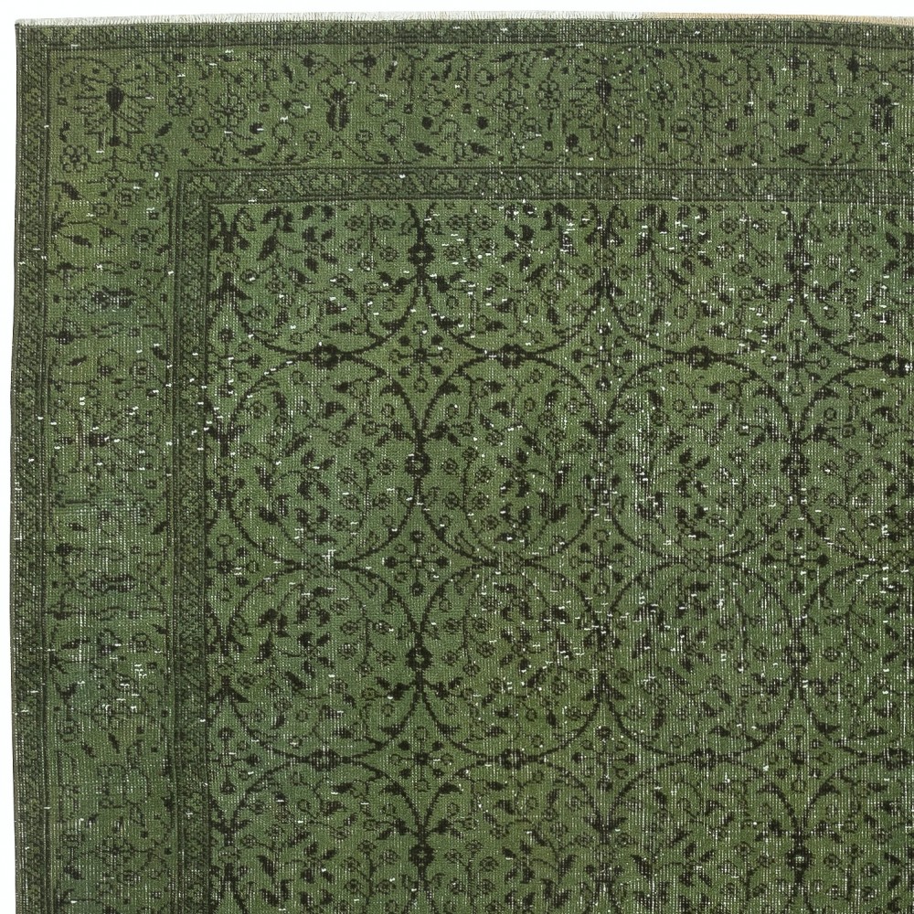 Contemporary Handmade Floral Patterned Low Pile Turkish Wool Area Rug in Green Color