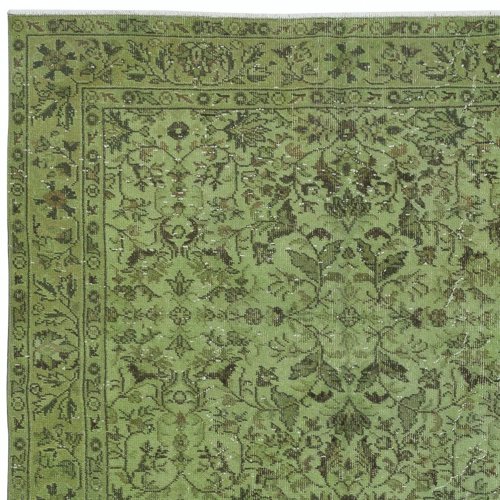 Modern Turkish Floral Patterned Rug in Green Color. Hand Knotted Area Rug for Kitchen and Living Room