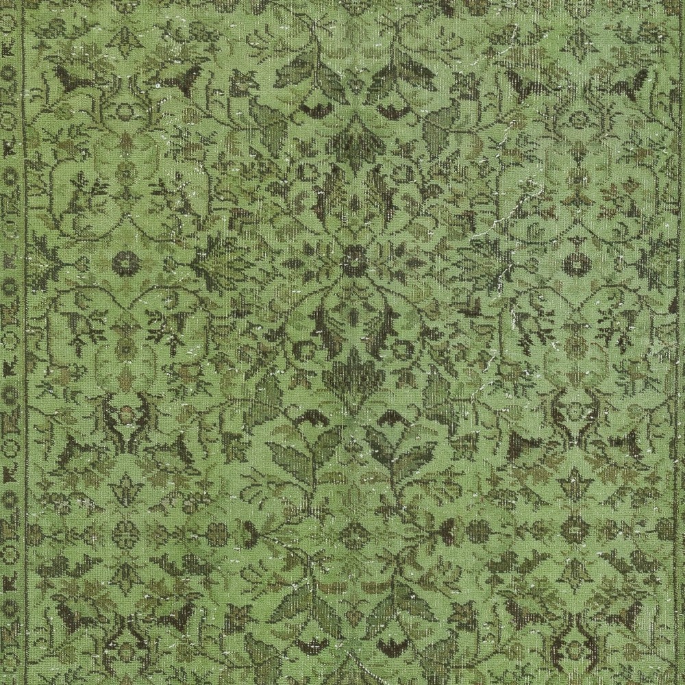 Modern Turkish Floral Patterned Rug in Green Color. Hand Knotted Area Rug for Kitchen and Living Room