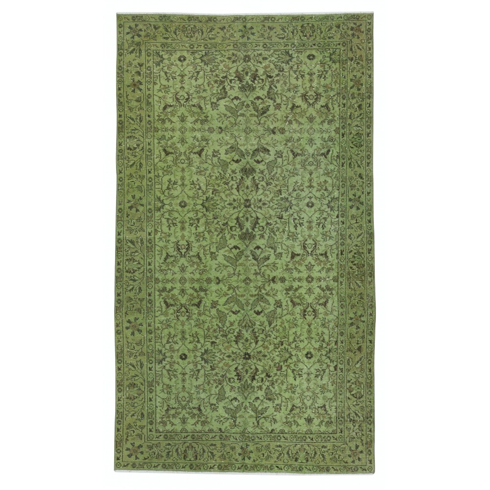 Modern Turkish Floral Patterned Rug in Green Color. Hand Knotted Area Rug for Kitchen and Living Room