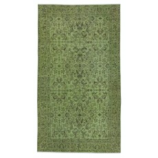 Modern Turkish Floral Patterned Rug in Green Color. Hand Knotted Area Rug for Kitchen and Living Room