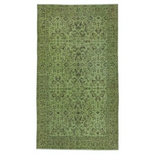 Modern Turkish Floral Patterned Rug in Green Color. Hand Knotted Area Rug for Kitchen and Living Room