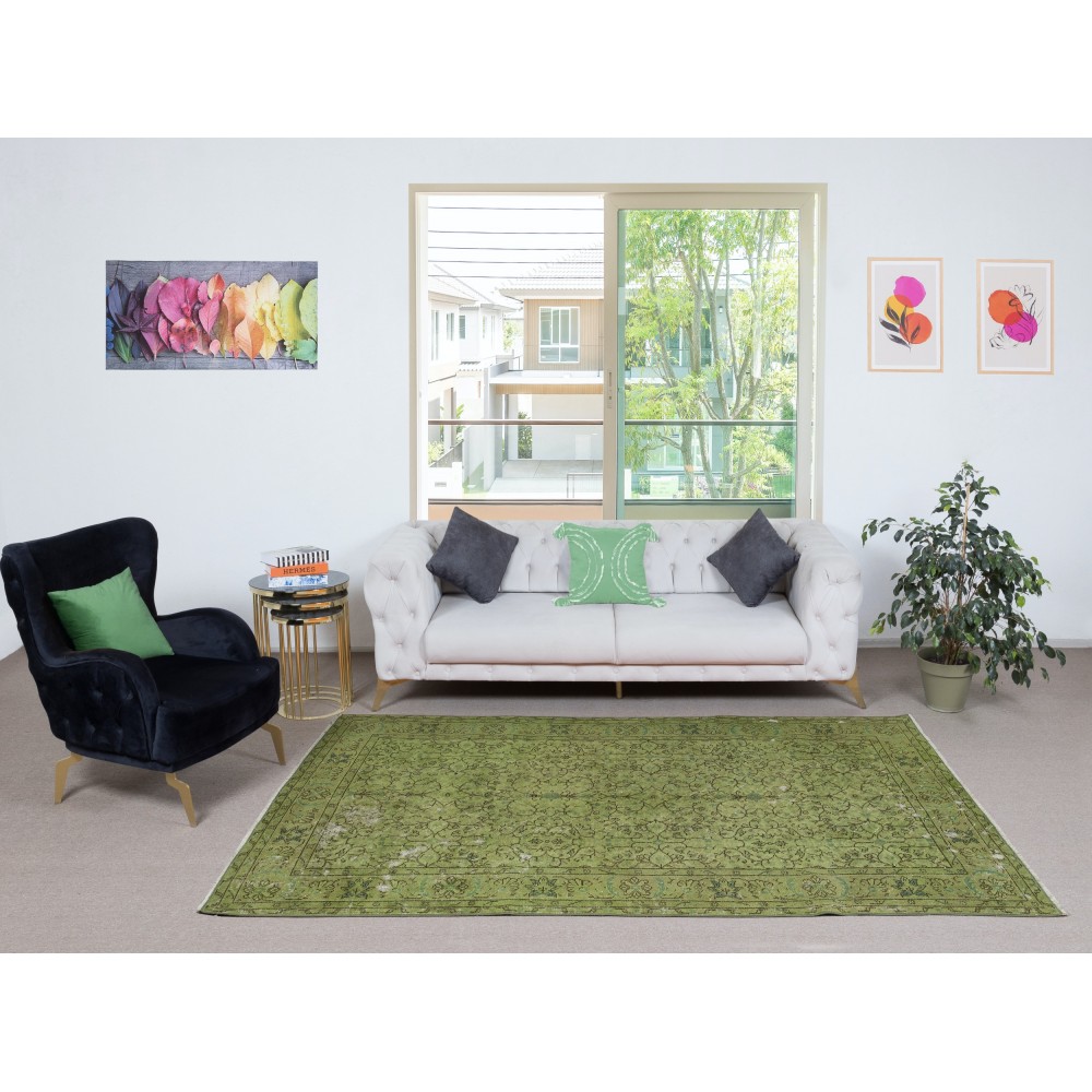 Modern Style Floral Patterned Area Rug Over-Dyed in Green, Handmade in Turkey