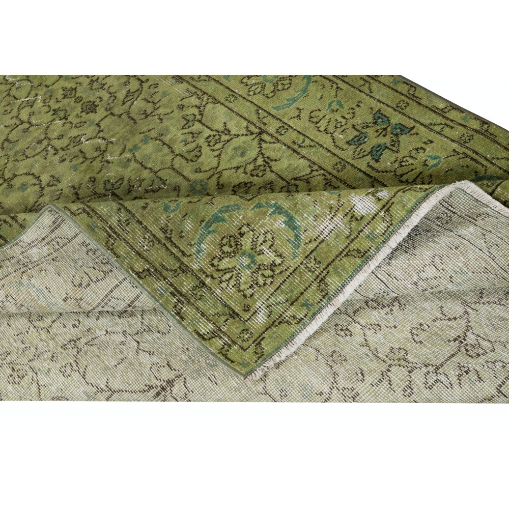 Modern Style Floral Patterned Area Rug Over-Dyed in Green, Handmade in Turkey