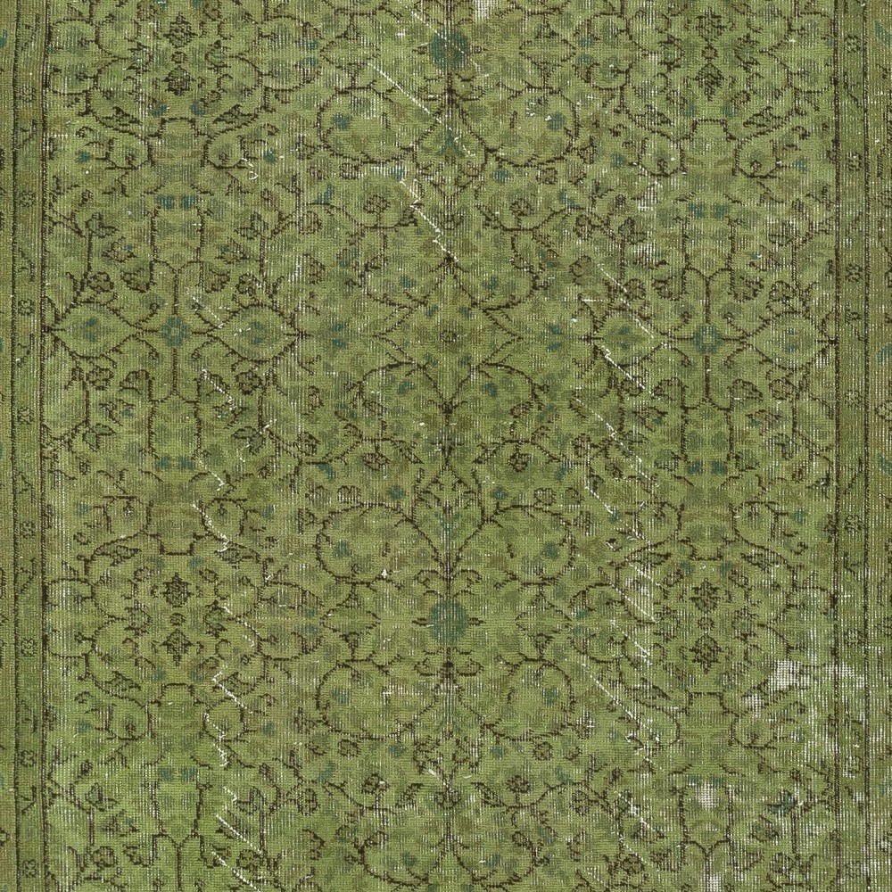 Modern Style Floral Patterned Area Rug Over-Dyed in Green, Handmade in Turkey
