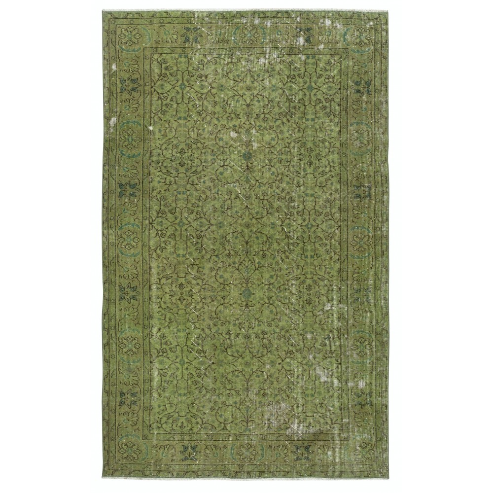 Modern Style Floral Patterned Area Rug Over-Dyed in Green, Handmade in Turkey