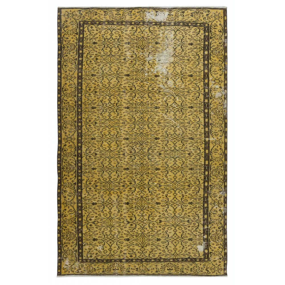 Decorative Hand Knotted Turkish Area Rug in Yellow with Medallion Design