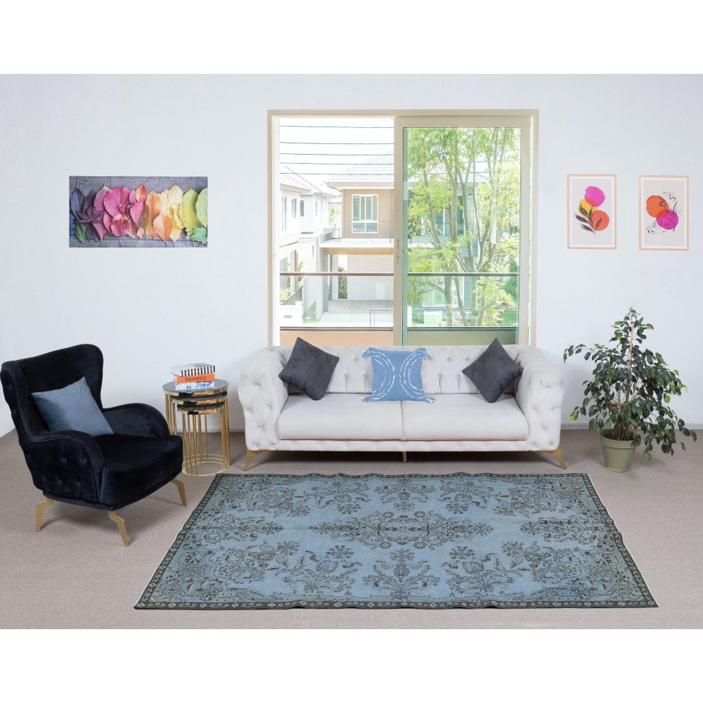 Blue Area Rug with Floral Garden Design, Handmade in Turkey