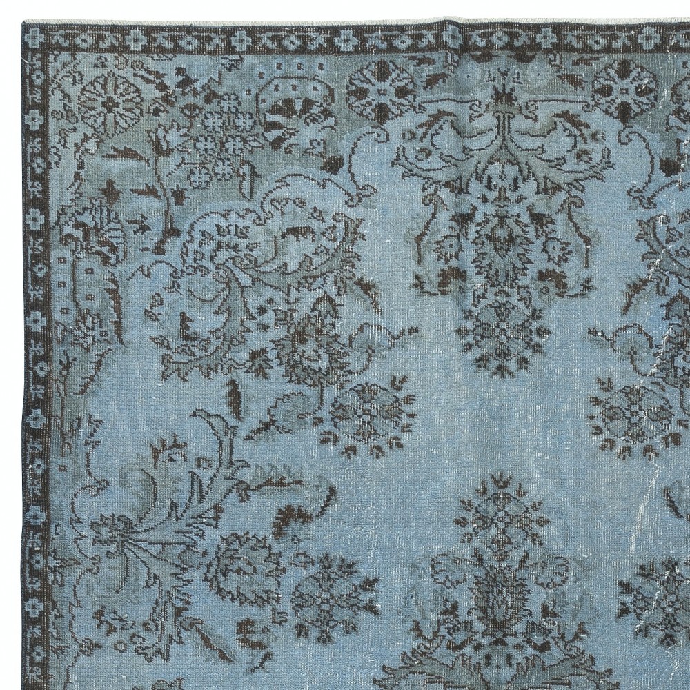 Blue Area Rug with Floral Garden Design, Handmade in Turkey