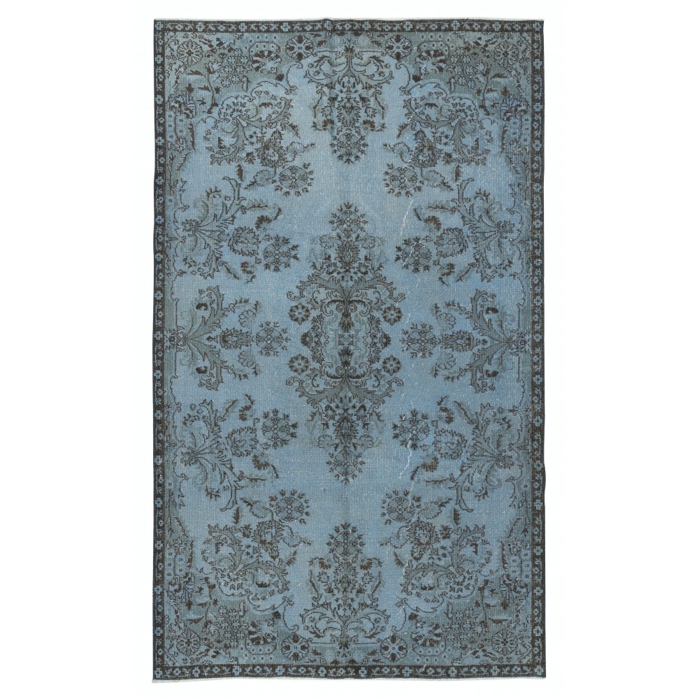 Blue Area Rug with Floral Garden Design, Handmade in Turkey