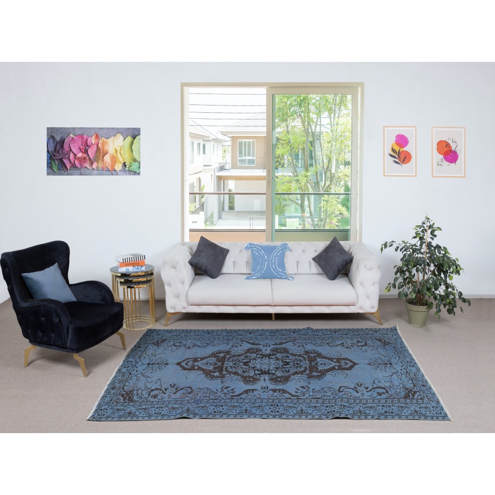 Vintage Handmade Turkish Area Rug redyed in Blue Color for modern interiors