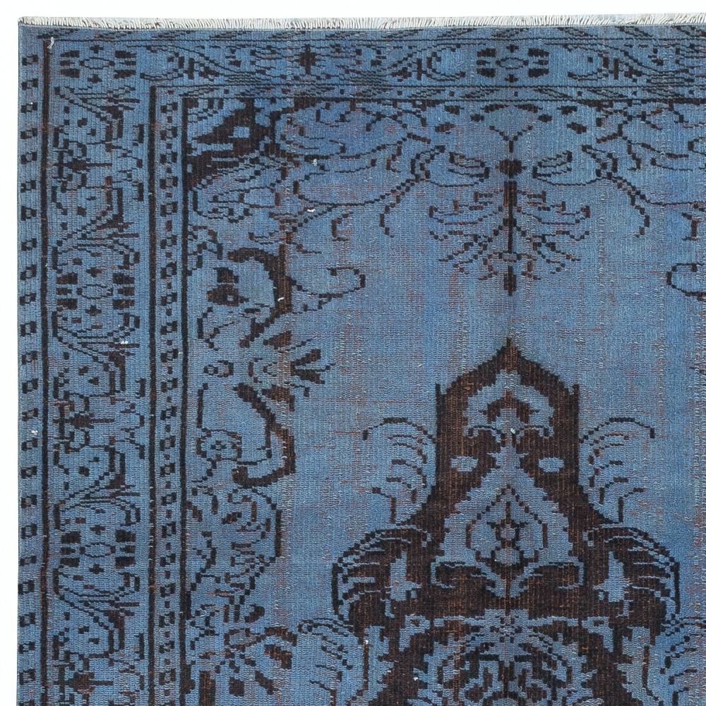 Vintage Handmade Turkish Area Rug redyed in Blue Color for modern interiors