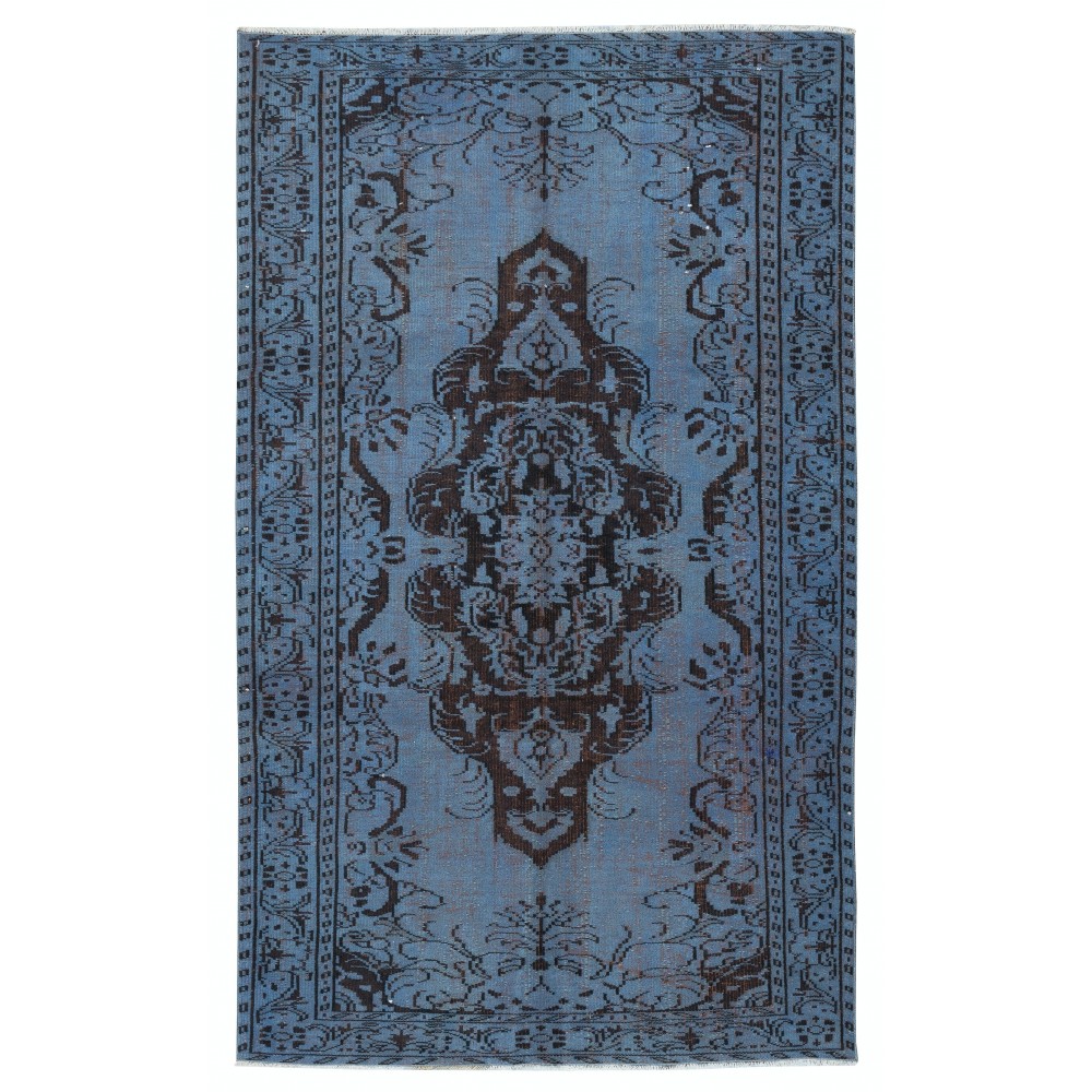 Vintage Handmade Turkish Area Rug redyed in Blue Color for modern interiors