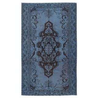 Vintage Handmade Turkish Area Rug redyed in Blue Color for modern interiors