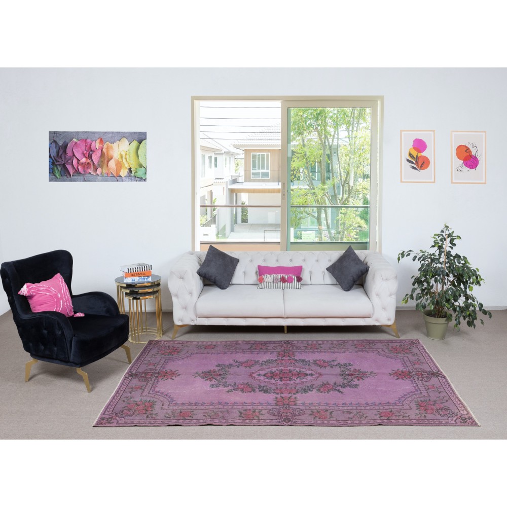 Rose Patterned Handmade Turkish Area Rug in Levander Color, Modern Living Room Rug