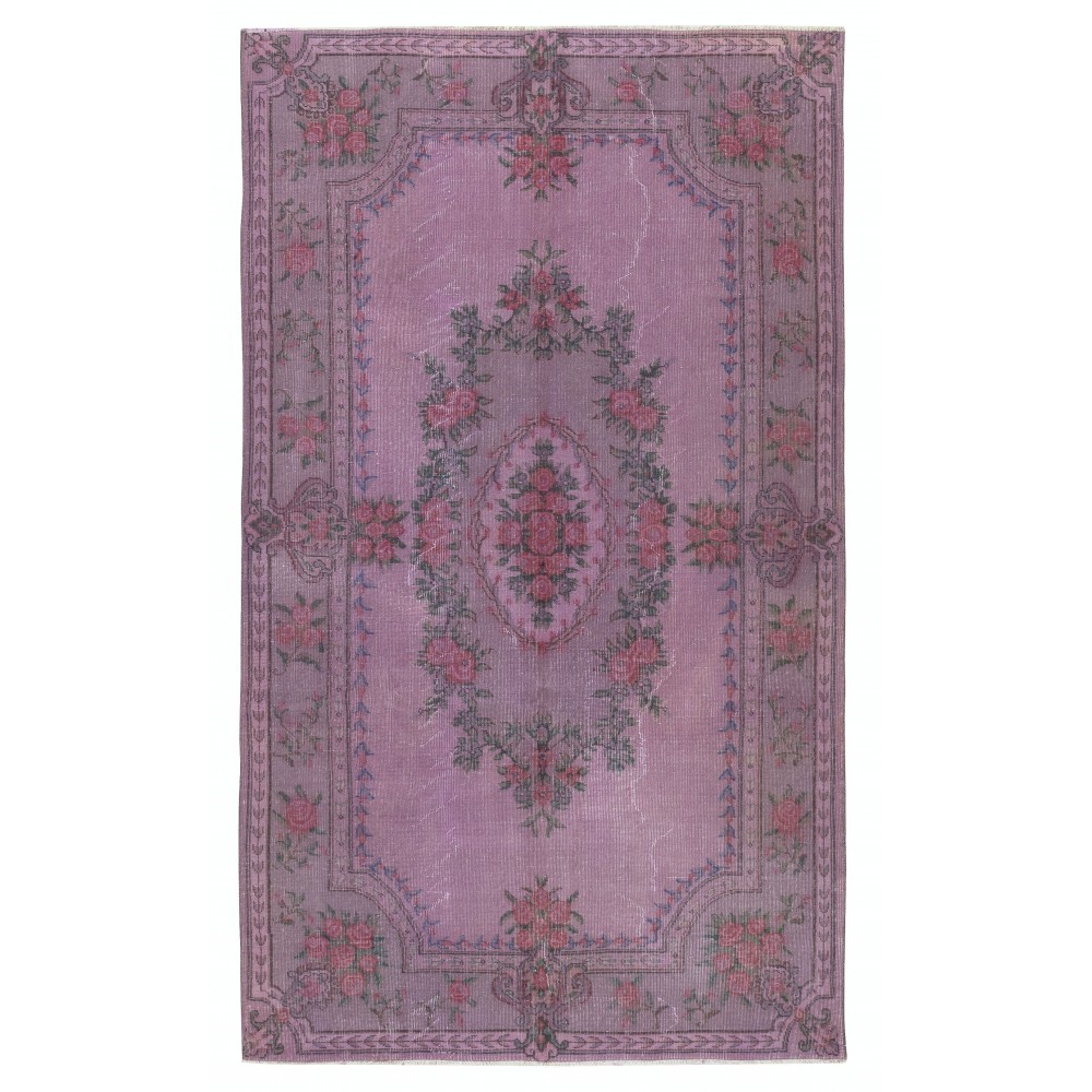 Rose Patterned Handmade Turkish Area Rug in Levander Color, Modern Living Room Rug