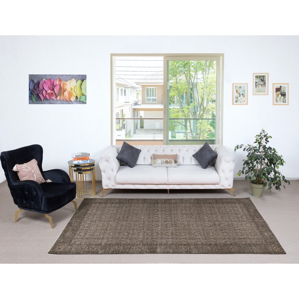 Handmade Anti-bacterial Floral Patterned Area Rug. Brown Color Hand Knotted Turkish Rug