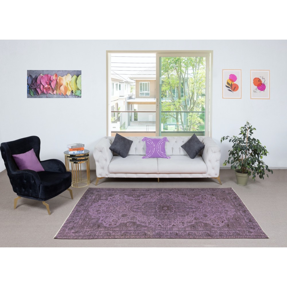 Hand-Made Purple Floor Rug from Turkey, Redyed Bohem Carpet for Living Room