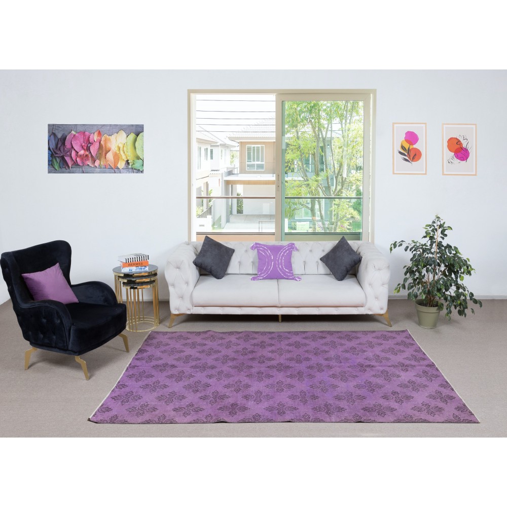 Purple Color Handmade Area Rug with Floral Design. Modern Turkish Floor Covering