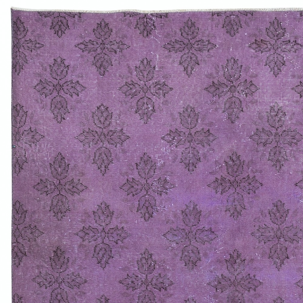 Purple Color Handmade Area Rug with Floral Design. Modern Turkish Floor Covering