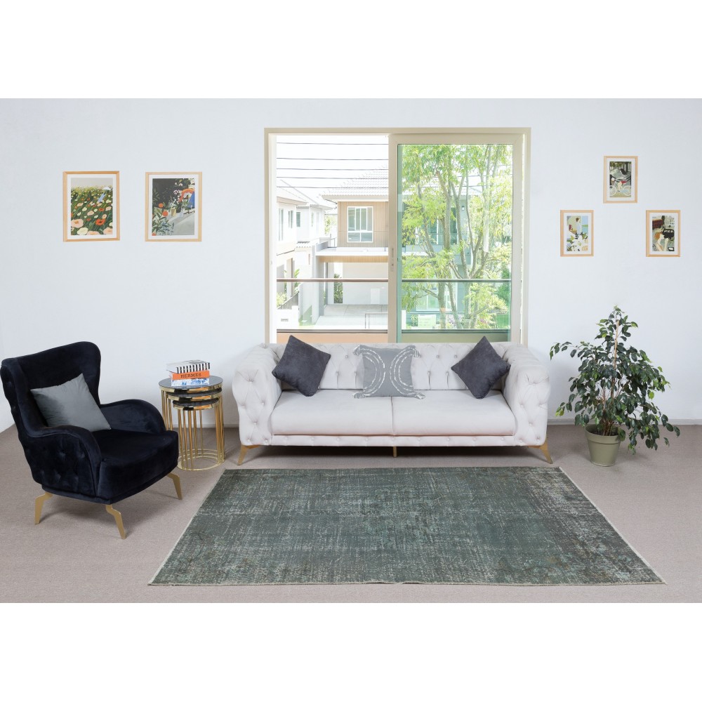 Contemporary Hand-knotted Area Rug. Green Color Re-Dyed Turkish Floor Covering