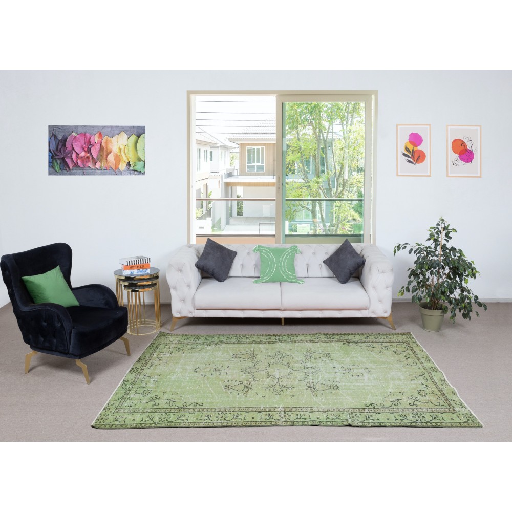 Green Handmade Turkish Area Rug for Living Room, Entrance, Bedroom, Dining Room & Kids Room