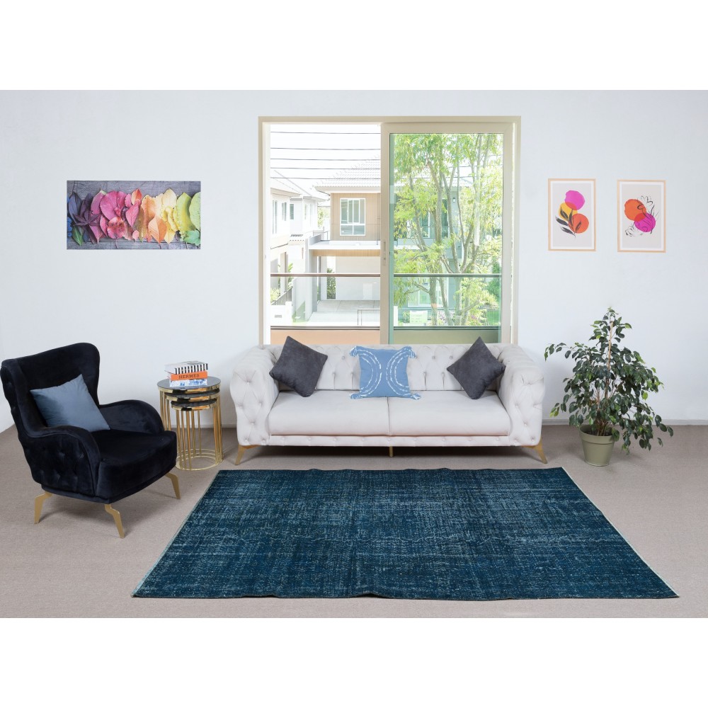 Modern Handmade Turkish Area Rug Over-Dyed in Solid Navy Blue Color. Woolen Floor Covering