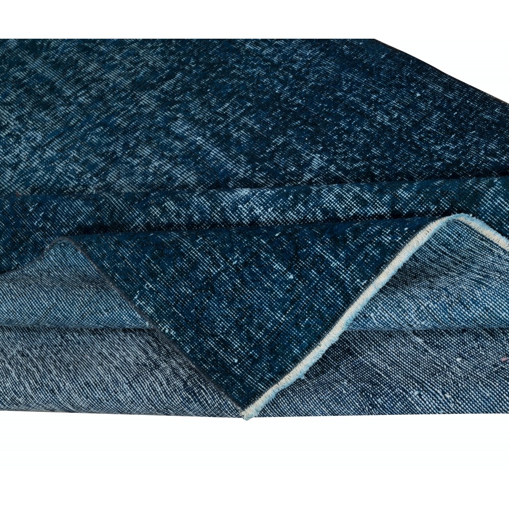 Modern Handmade Turkish Area Rug Over-Dyed in Solid Navy Blue Color. Woolen Floor Covering