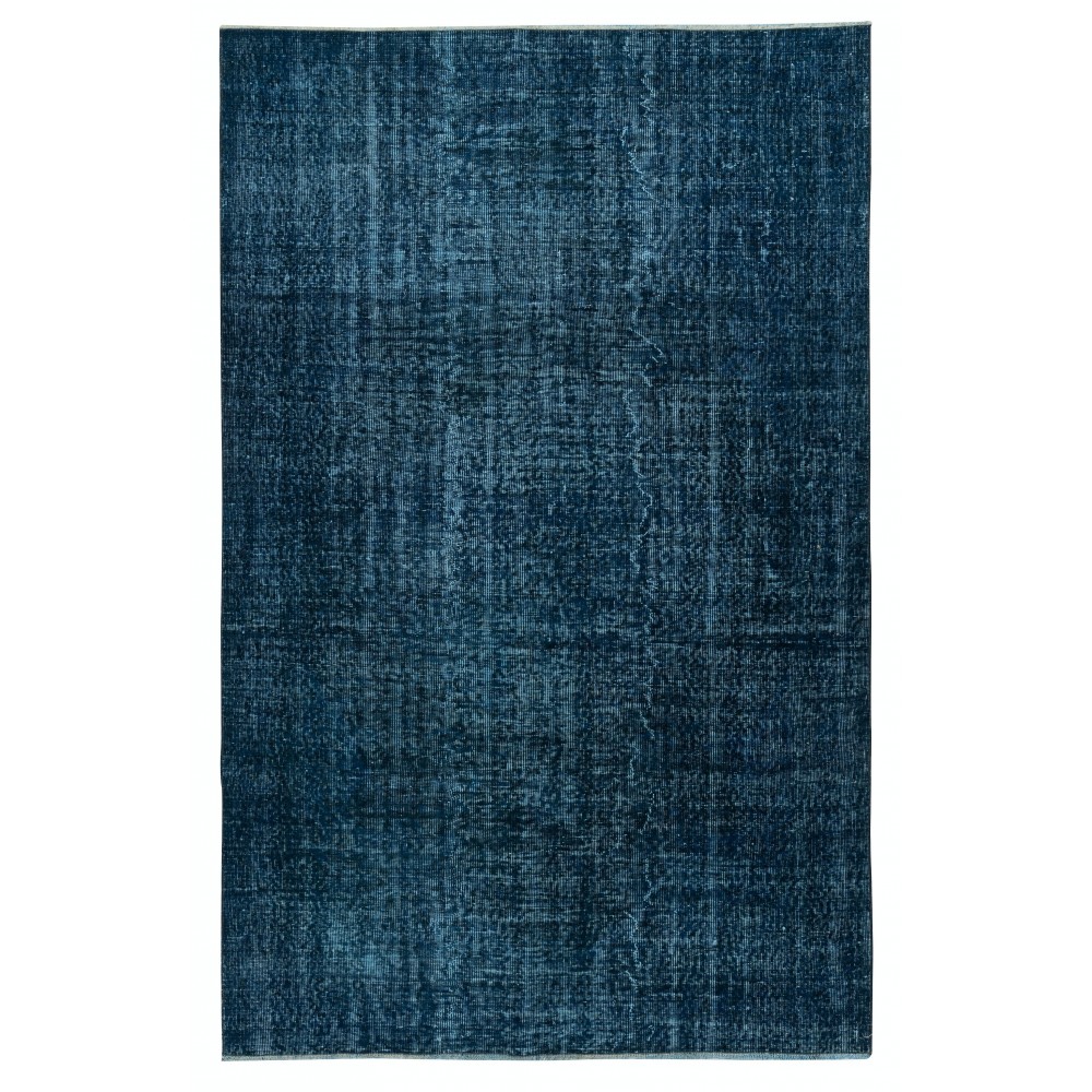 Modern Handmade Turkish Area Rug Over-Dyed in Solid Navy Blue Color. Woolen Floor Covering