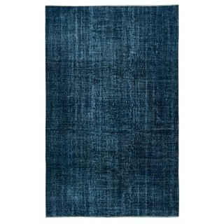 Modern Handmade Turkish Area Rug Over-Dyed in Solid Navy Blue Color. Woolen Floor Covering