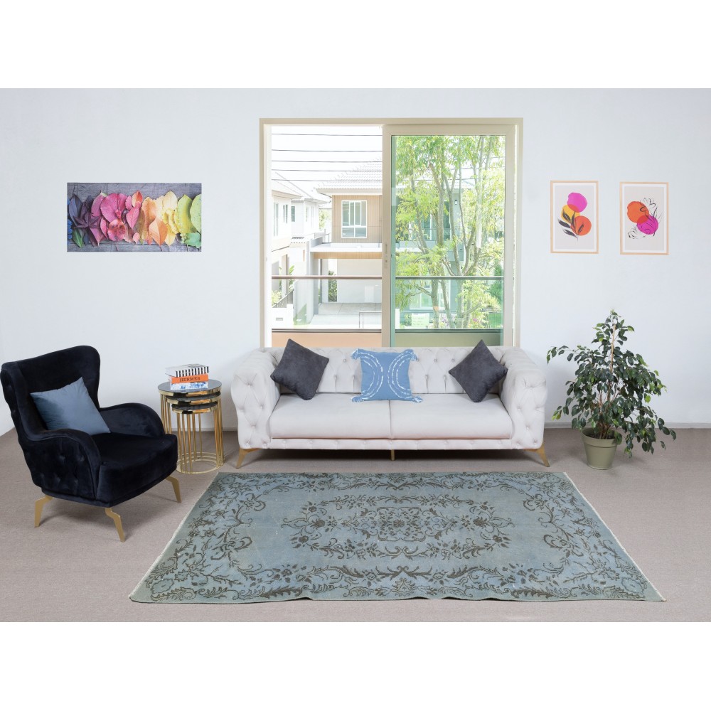 Modern Handmade Blue Color Turkish Wool Area Rug with Medallion Design