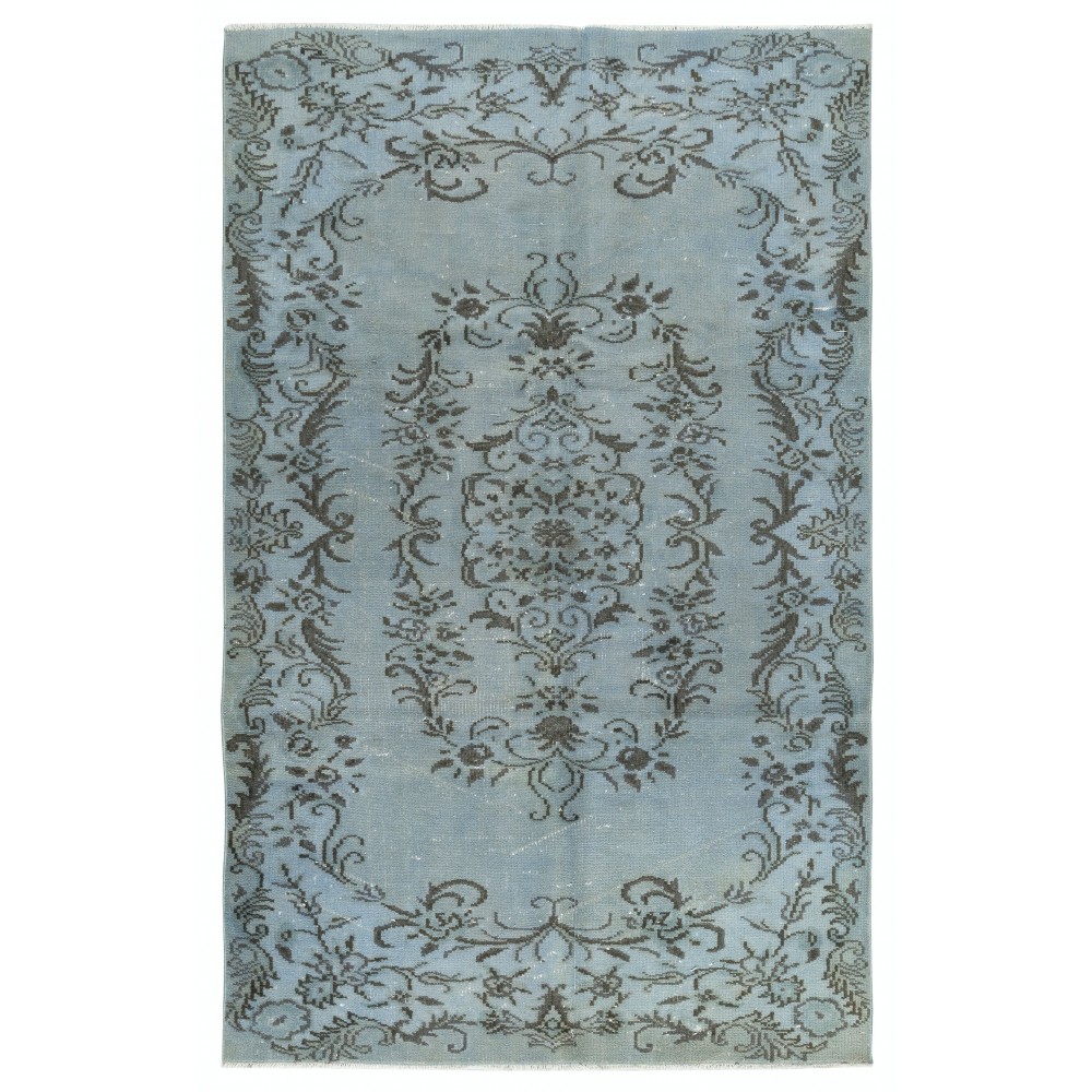 Modern Handmade Blue Color Turkish Wool Area Rug with Medallion Design