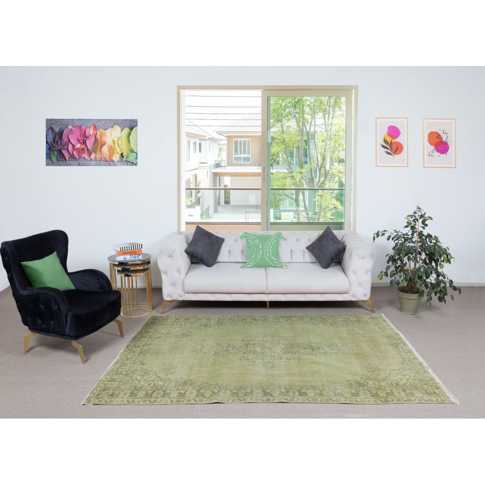Handmade Green Color Turkish Wool Area Rug for Modern Interiors