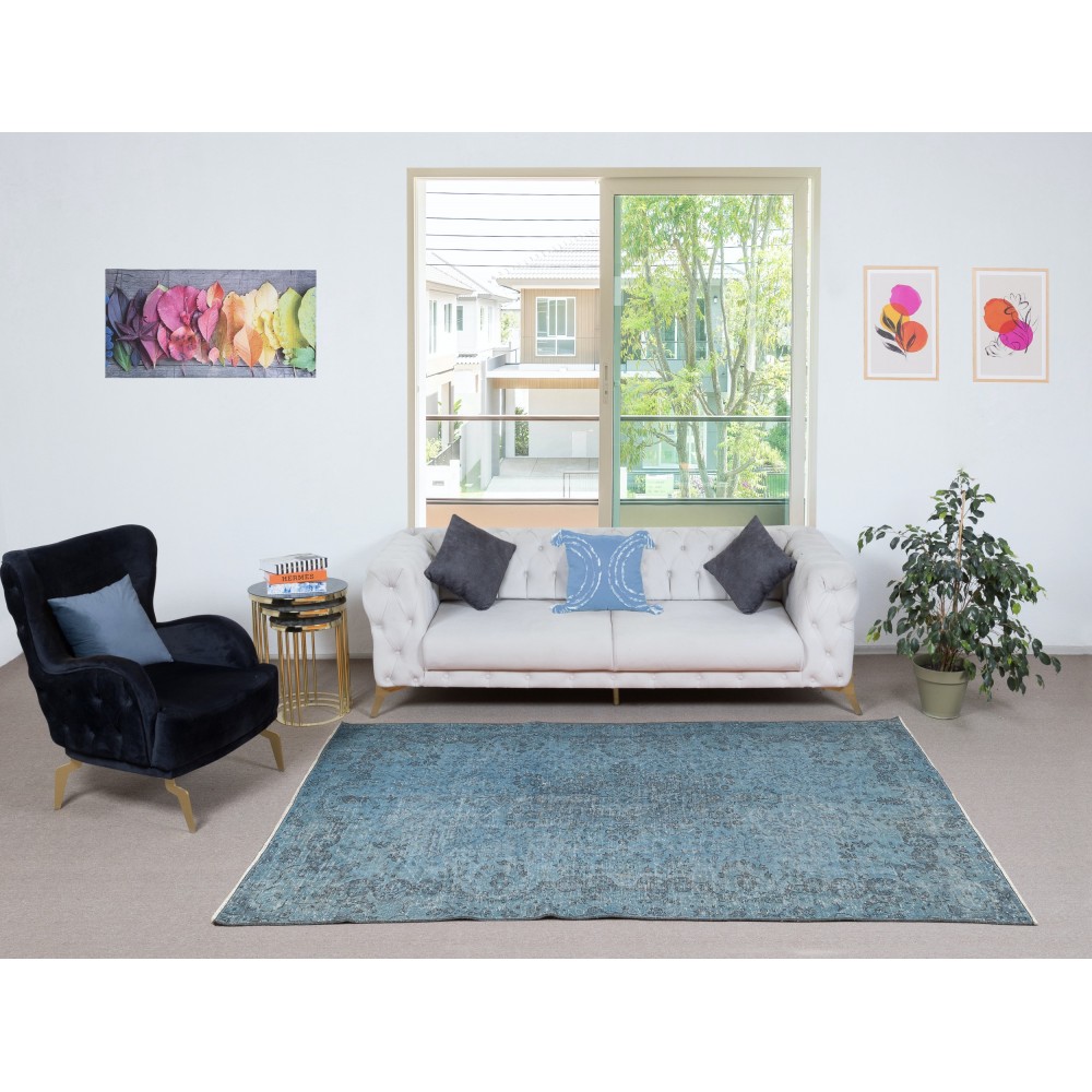 Contemporary Handmade Turkish Area Rug Over-Dyed in Blue. Woolen Floor Covering