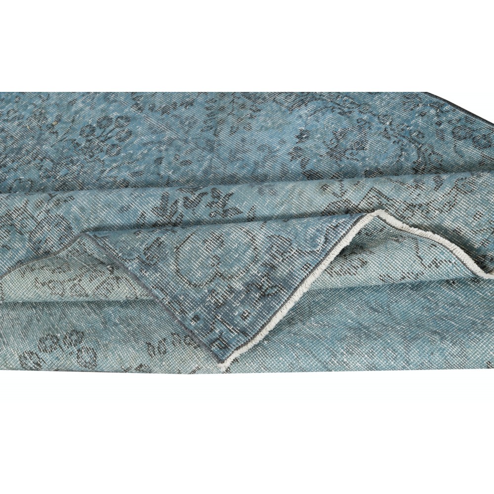 Contemporary Handmade Turkish Area Rug Over-Dyed in Blue. Woolen Floor Covering
