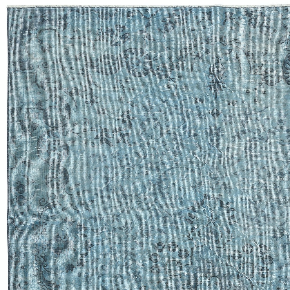 Contemporary Handmade Turkish Area Rug Over-Dyed in Blue. Woolen Floor Covering