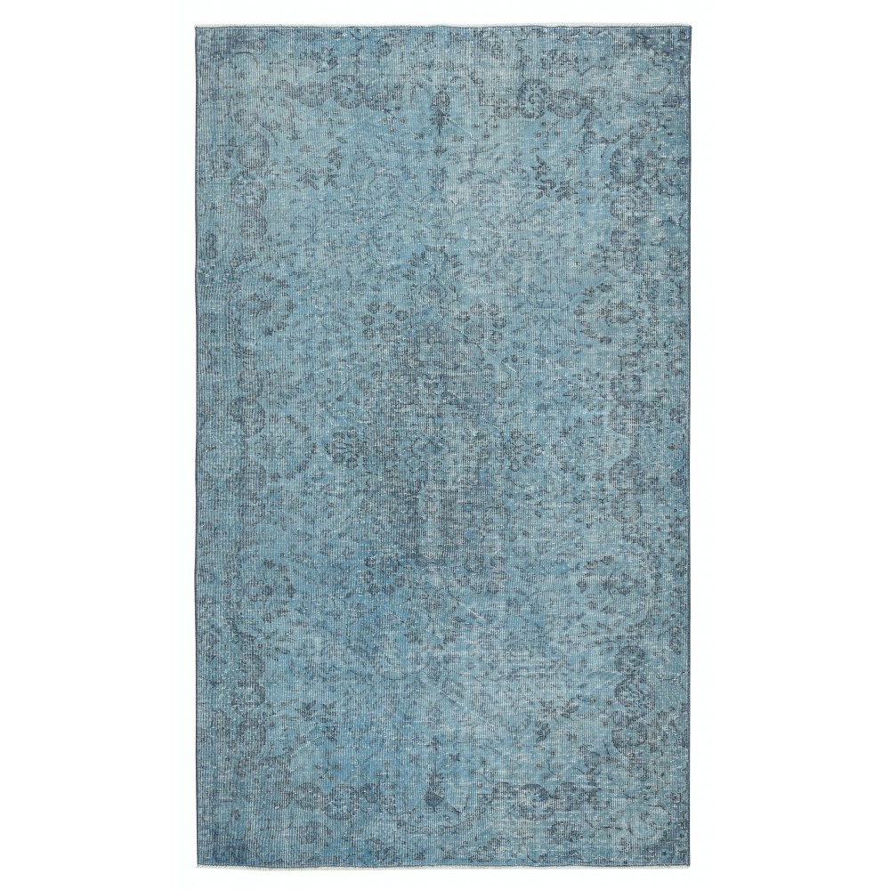 Contemporary Handmade Turkish Area Rug Over-Dyed in Blue. Woolen Floor Covering