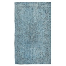Contemporary Handmade Turkish Area Rug Over-Dyed in Blue. Woolen Floor Covering