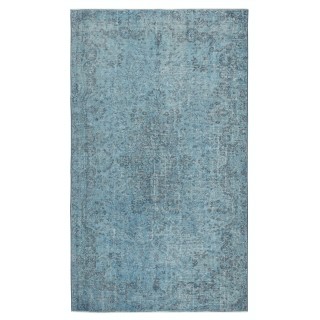 Contemporary Handmade Turkish Area Rug Over-Dyed in Blue. Woolen Floor Covering