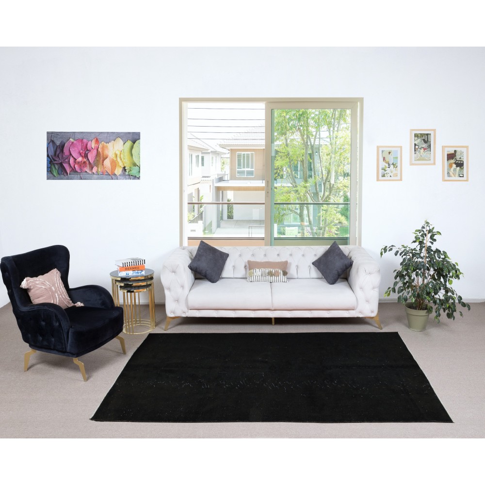 Plain Black Color Over-Dyed Area Rug, Handknotted and Handwoven in Turkey