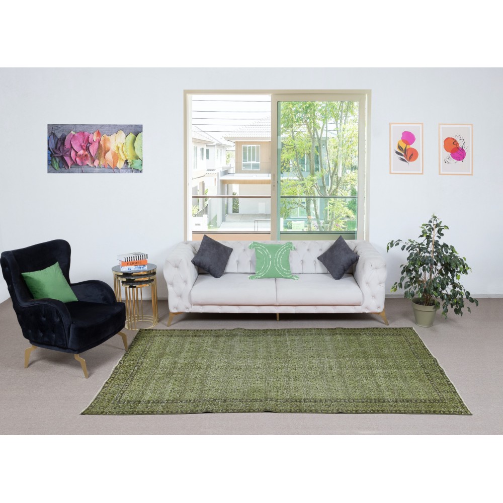 Modern Handmade Turkish Floral Patterned Area Rug in Green