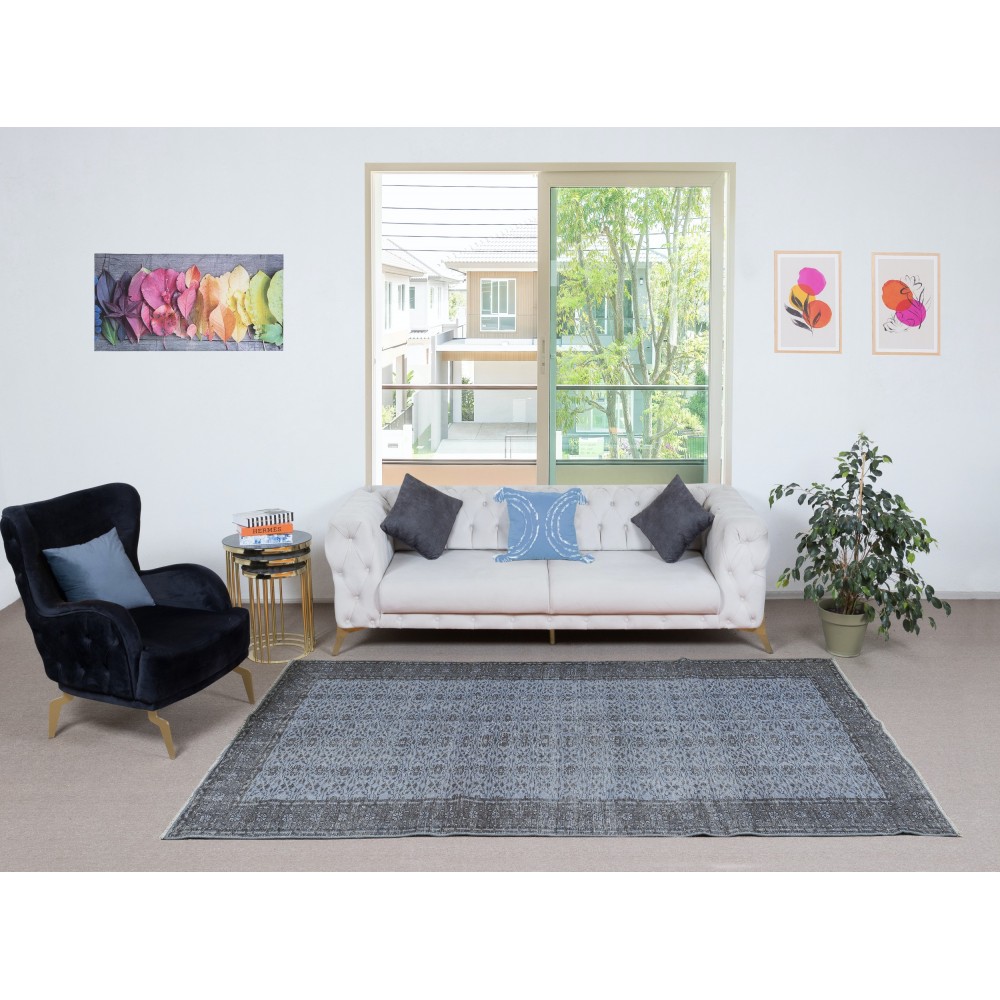 Modern Floral Design Area Rug in Blue, Hand-woven and Hand-knotted in Turkey