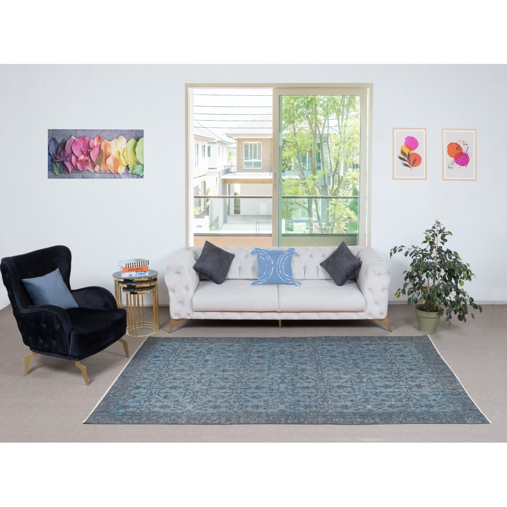 Contemporary Handmade Blue Color Turkish Wool Area Rug with Floral Design