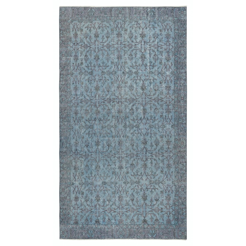Contemporary Handmade Blue Color Turkish Wool Area Rug with Floral Design