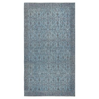 Contemporary Handmade Blue Color Turkish Wool Area Rug with Floral Design