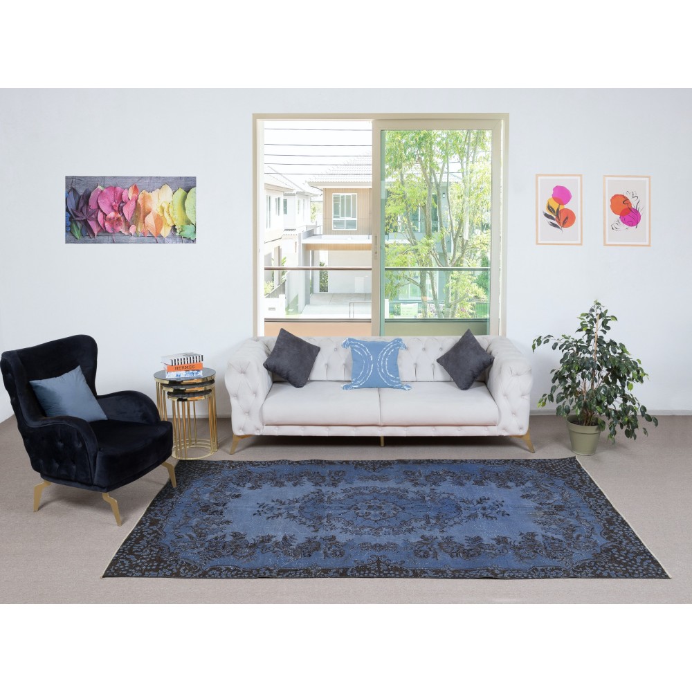 Modern Handmade Blue Color Turkish Wool Area Rug with Medallion Design