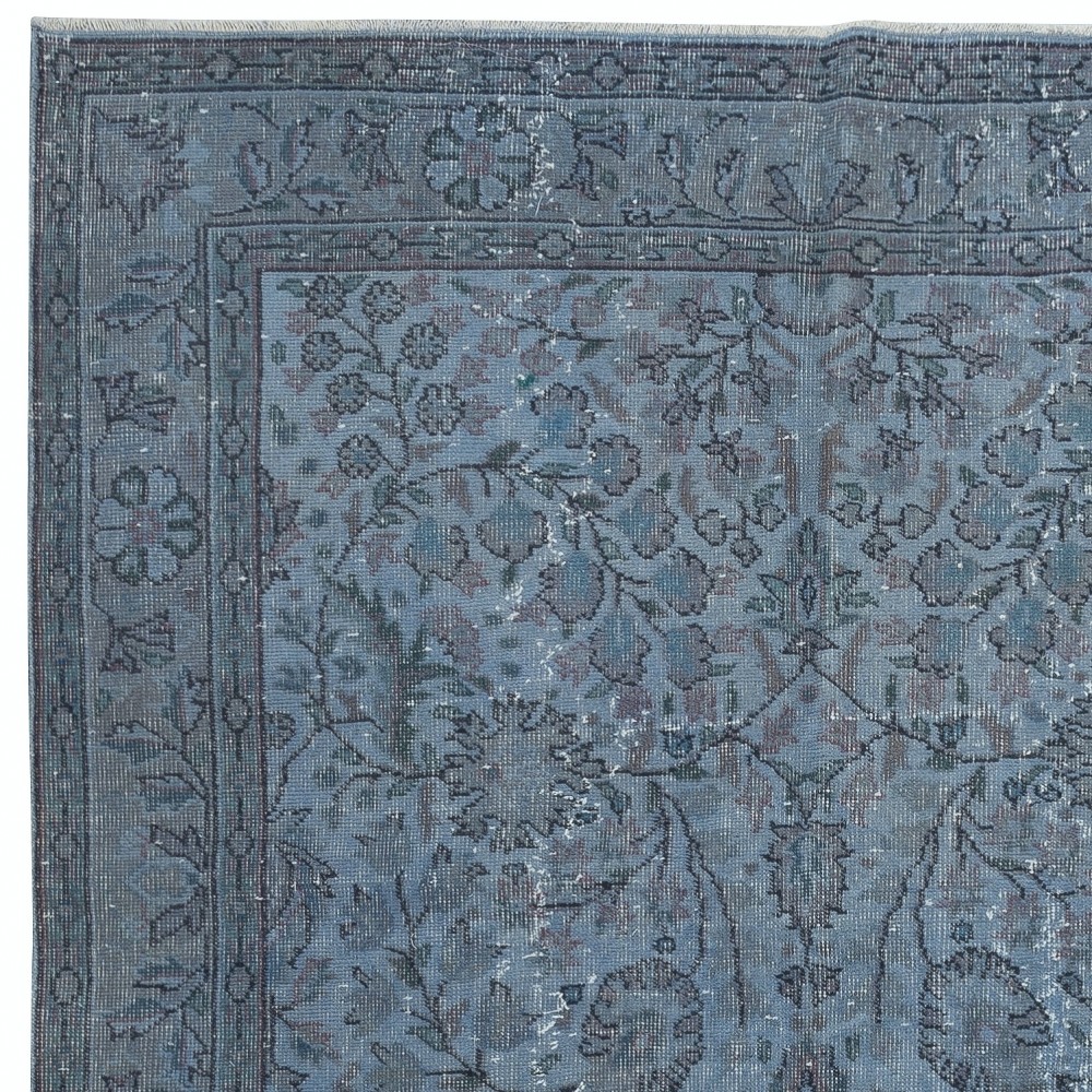 Modern Floral Patterned Area Rug in Blue, Hand-woven and Hand-knotted in Turkey